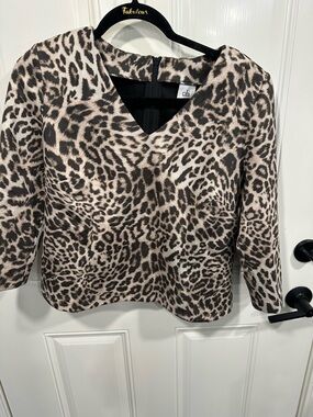 CAbi Leopard Print V-Neck Top in Taupe, Black & Dark Brown
